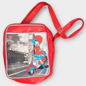 Red Scooter Girl Satchel Bag with Cross Body Strap.